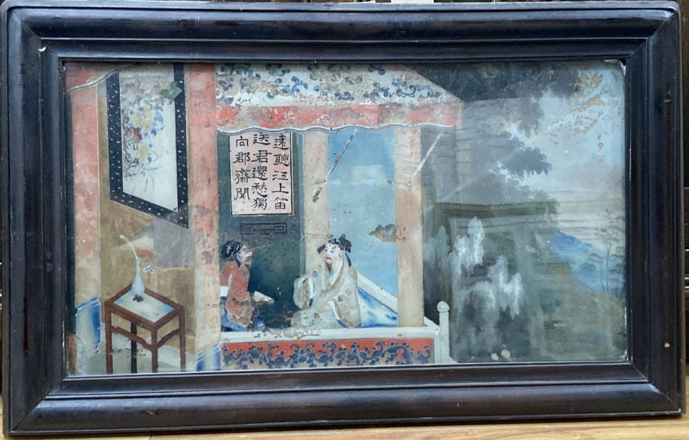 19th century Chinese School, reverse painted glass panel, Figures on a balcony, 24 x 45cm, original hardwood frame